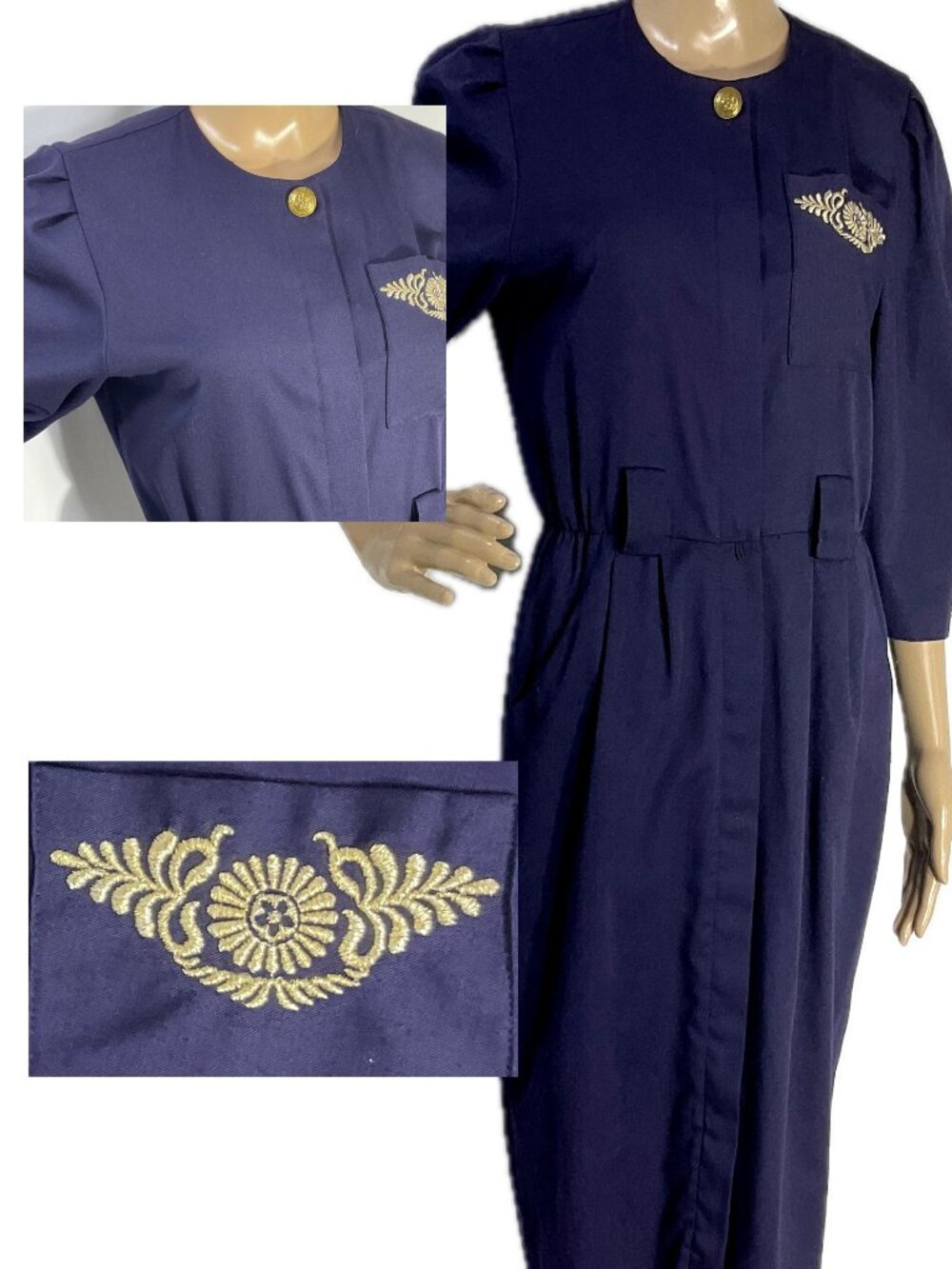 Vintage VLP Sz 8P 3/4 Sleeve Button Front Navy Midi Dress Made in the USA 80s